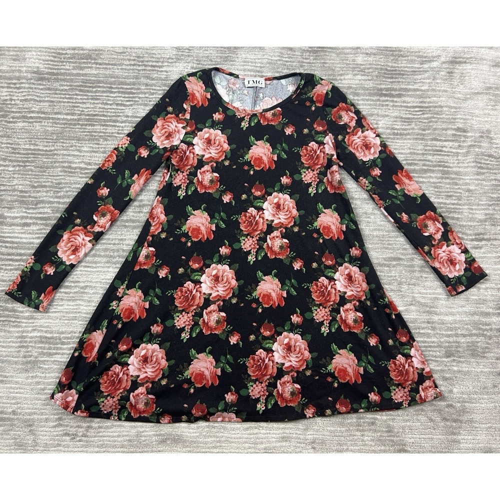 TMG New York Dress‎ Womens Small Black Floral Longsleeve Short A-Line